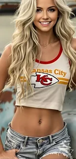 Blonde woman in a sporty outfit with denim shorts, exuding style and team spirit.
