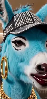 Stylish blue donkey with jewelry and cap art