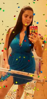 Woman in blue dress taking a mirror selfie.