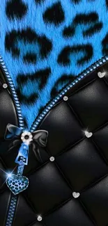 Blue leopard print and black leather phone wallpaper.