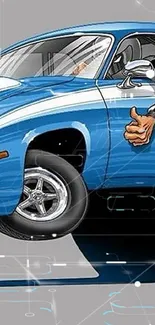 Illustration of a blue muscle car with wheels on fire on a gray background.