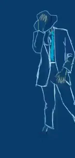 Outline art of a suited figure on navy blue background.