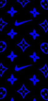 Blue and black pattern with iconic symbols creates a stylish mobile wallpaper.
