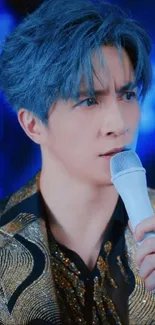 Singer with blue hair and mic in vibrant setting.