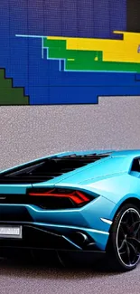 Blue sports car in pixel art style background.