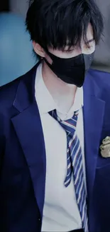 Young man in dark blue suit with mask and tie.