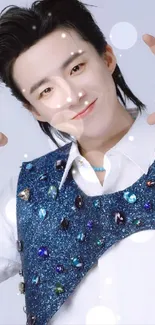 Person wearing a blue jeweled vest with a light background.