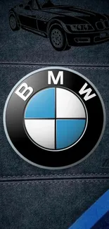 BMW logo with car design on blue background.