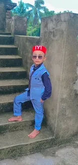 Boy in blue suit and red hat on rustic stairs.