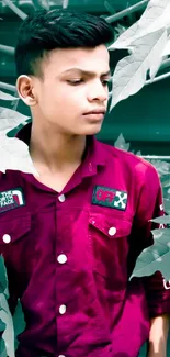 Young boy with dark red shirt and lush green leaves background.