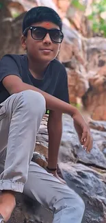 Stylish boy in sunglasses resting on rocks.