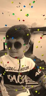 Stylish kid with sunglasses on dock with confetti.