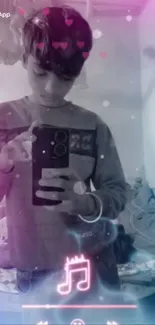 A boy taking a stylish mirror selfie with colorful filters.