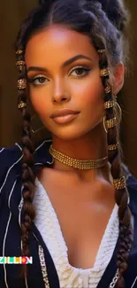 Portrait of woman with stylish braids and elegant clothing in warm amber light.