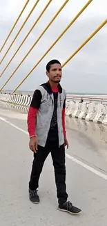 Person walking on a modern bridge with yellow wires.