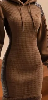 Brown quilted hoodie dress in fashion wallpaper.