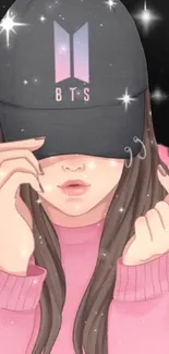 Cartoon girl in pink with BTS cap, sparkling background.