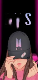 Stylish BTS fan wallpaper with pink aesthetic and cap-wearing girl.