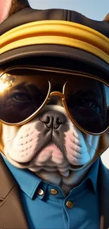 Stylish bulldog wearing sunglasses and a hat, adding character to your phone screen.