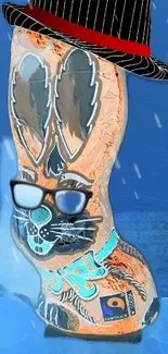 Bunny wearing a hat and glasses on a blue background.