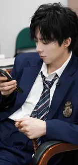 Man in a navy suit looking at a smartphone in an office setting.