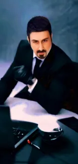 Stylish businessman in a suit at an office desk.