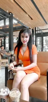 Woman in an orange dress sitting in a stylish cafe setting.