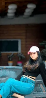 Young woman in denim with pink cap, outdoor setting.