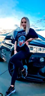 Stylish woman poses beside a sleek car under a vibrant blue sky.