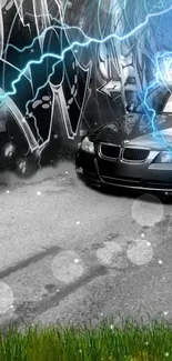 Black car with graffiti and lightning art background.