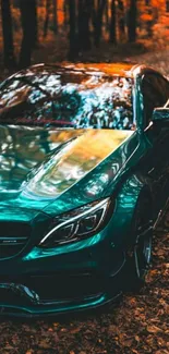 Sleek green car surrounded by autumn forest foliage, reflecting vibrant colors.