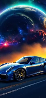 Blue sports car under a vibrant cosmic backdrop with galaxies.