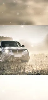 SUV driving through misty landscape with sunrays.