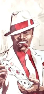 Illustration of a stylish card player in a white suit and red-striped fedora.