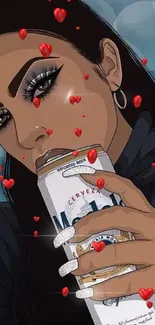 Cartoon woman sipping drink with detailed makeup, stylish art.