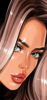 Stylish cartoon girl artwork with captivating green eyes and glossy lips.