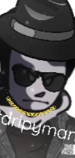 Cartoon avatar with sunglasses and hat in black outfit.