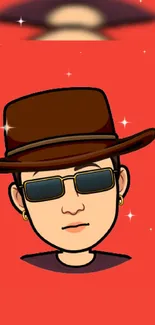 Cartoon avatar with hat and sunglasses on red background.