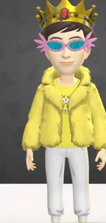 Cartoon character with a crown and yellow jacket.