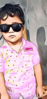 Artistic cartoon boy with sunglasses in pink outfit.