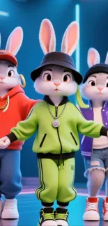 Three cartoon bunnies in vibrant street fashion.