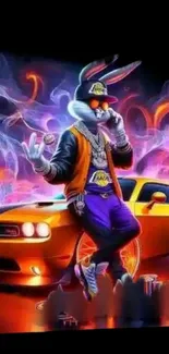 Stylish cartoon character with car and colorful smoke in dynamic wallpaper.