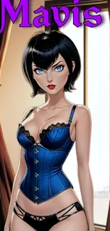 Stylish cartoon character in a blue corset set against a modern interior.