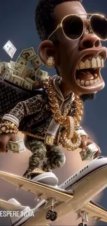 Stylish cartoon character riding a jet with bling and money.
