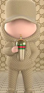 Cartoon character in luxury designer attire on patterned beige background.