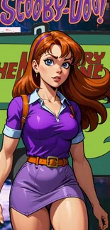 Vibrant cartoon character in purple attire with retro background.