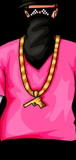 Cartoon character with pink shirt and gold chain.