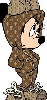 Cartoon character in a stylish designer outfit with brown tones.