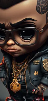 Stylish cartoon character with sunglasses, leather jacket, and tattoos.