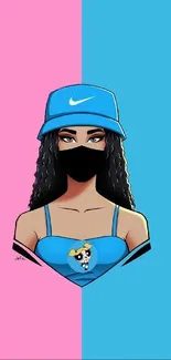 Mobile wallpaper with a stylish cartoon girl, black mask, hat, and blue-pink background.